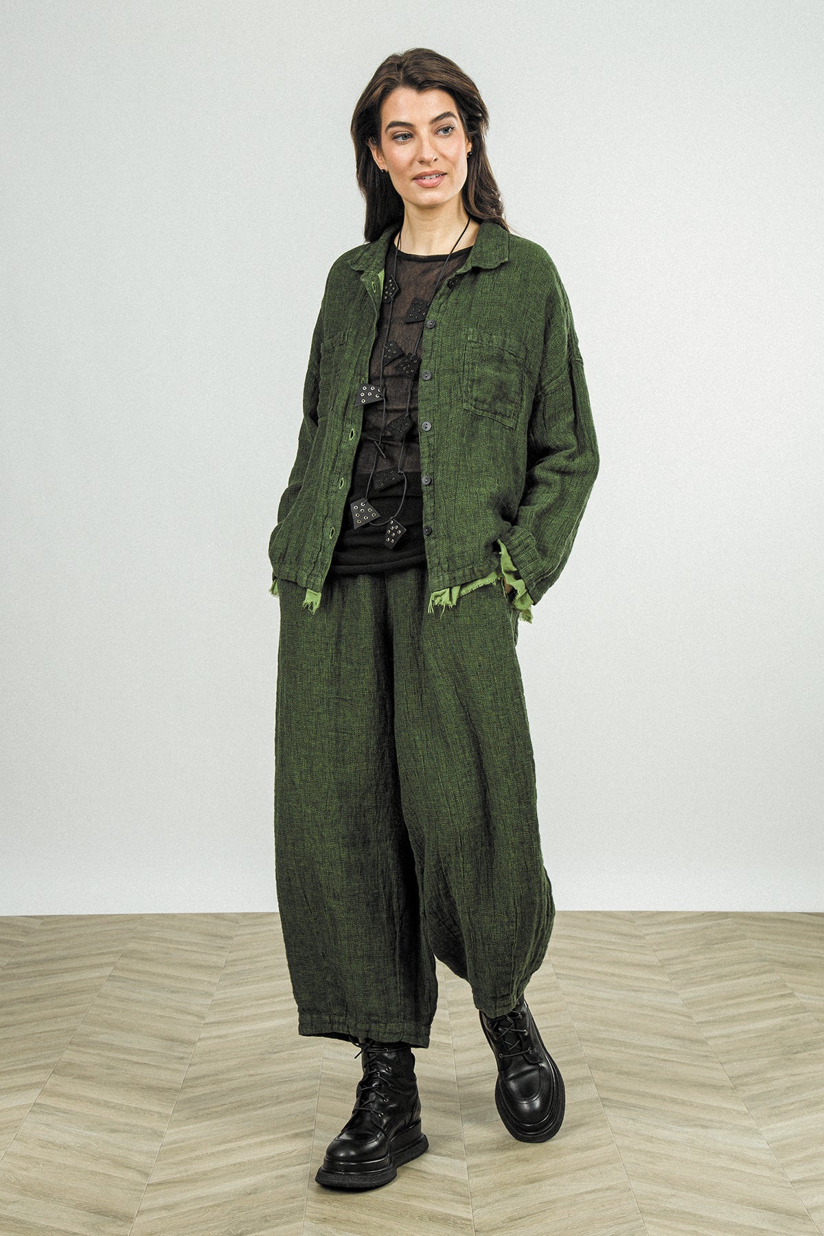 Layered Shamrock Green Mélange Linen Shirt