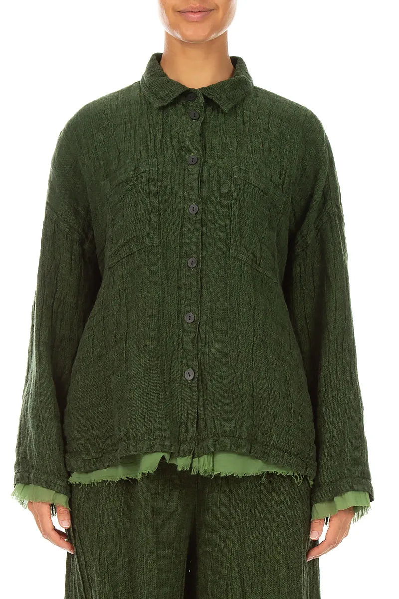 Layered Shamrock Green Mélange Linen Shirt