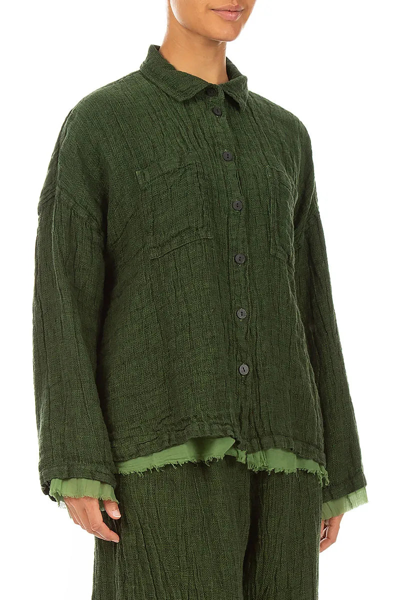 Layered Shamrock Green Mélange Linen Shirt
