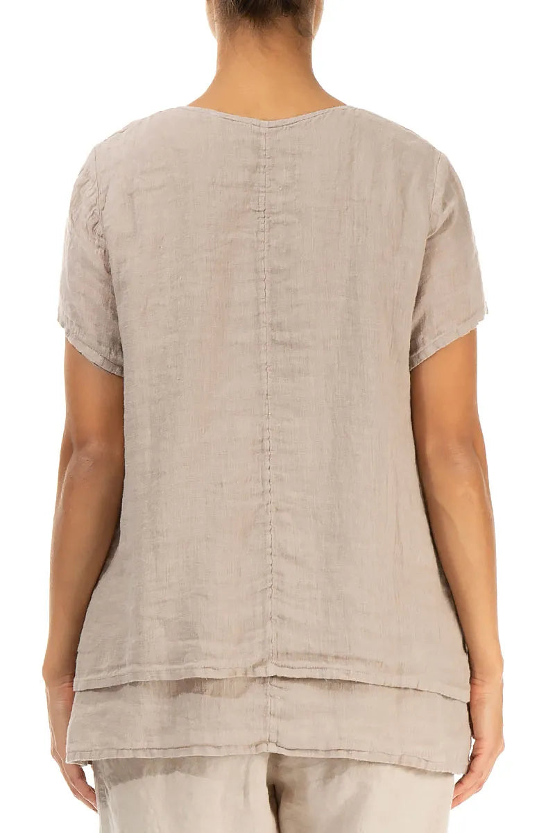 Layered Short Sleeves Beige Gauze Linen Blouse
