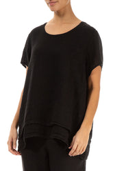 Layered Short Sleeves Black Gauze Linen Blouse 3