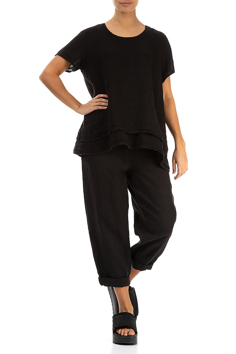 Layered Short Sleeves Black Gauze Linen Blouse 4