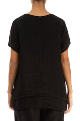 Layered Short Sleeves Black Gauze Linen Blouse 2