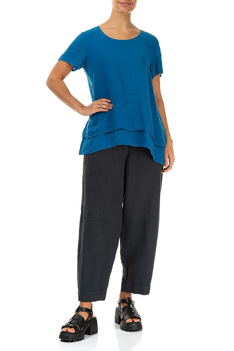 Layered Short Sleeves Cobalt Blue Gauze Linen Blouse 4