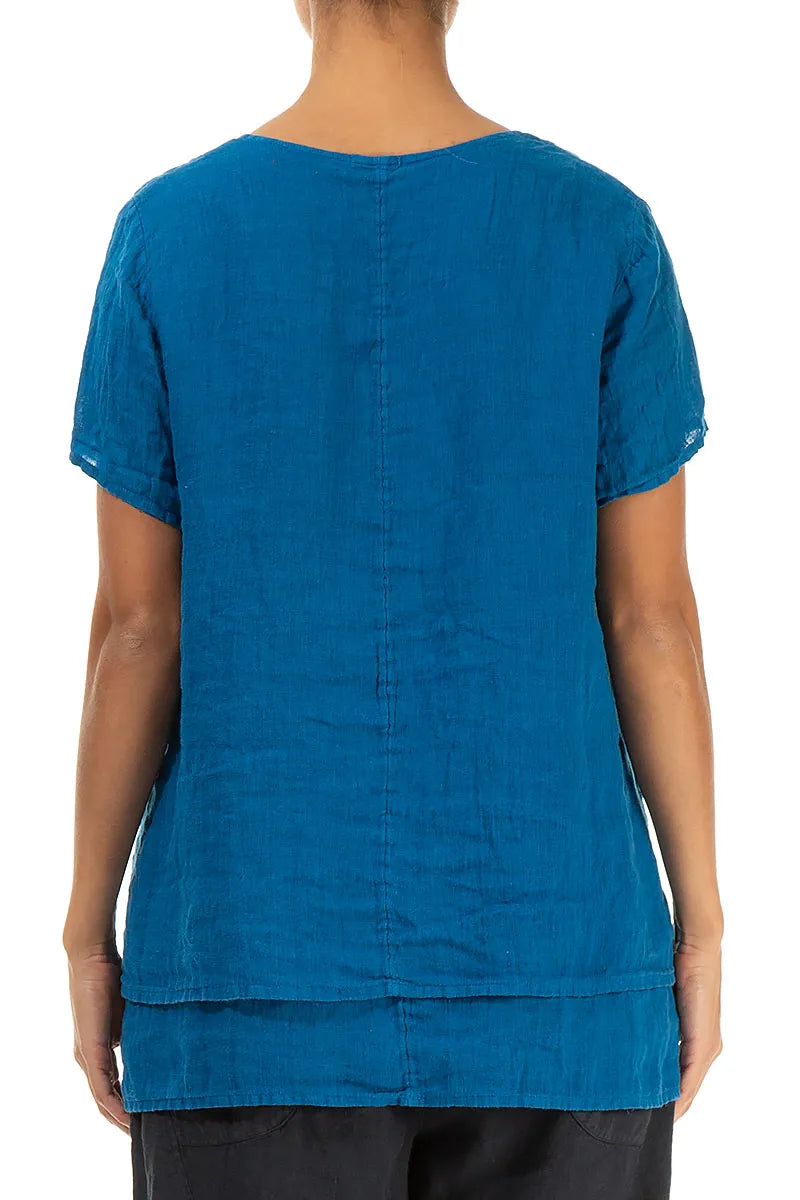 Layered Short Sleeves Cobalt Blue Gauze Linen Blouse 2