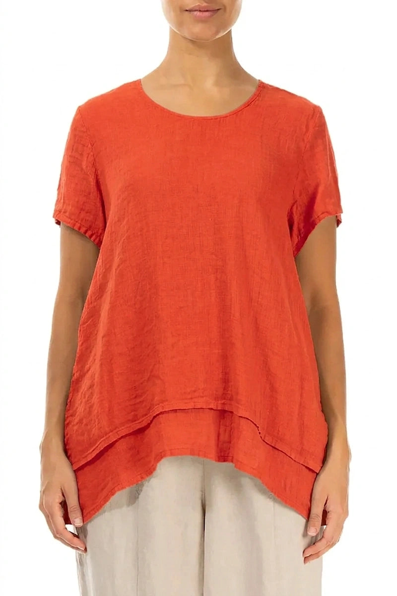 Layered Short Sleeves Flame Orange Gauze Linen Blouse 1