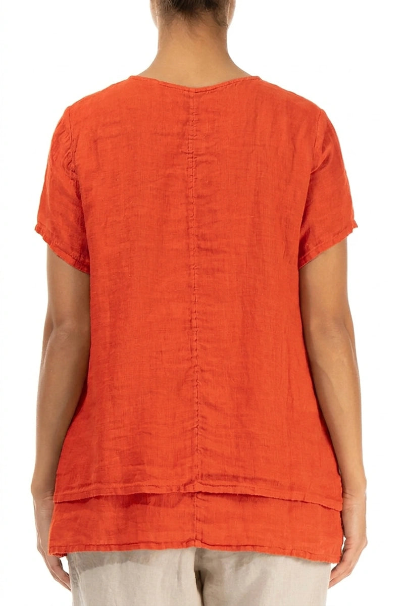 Layered Short Sleeves Flame Orange Gauze Linen Blouse 2