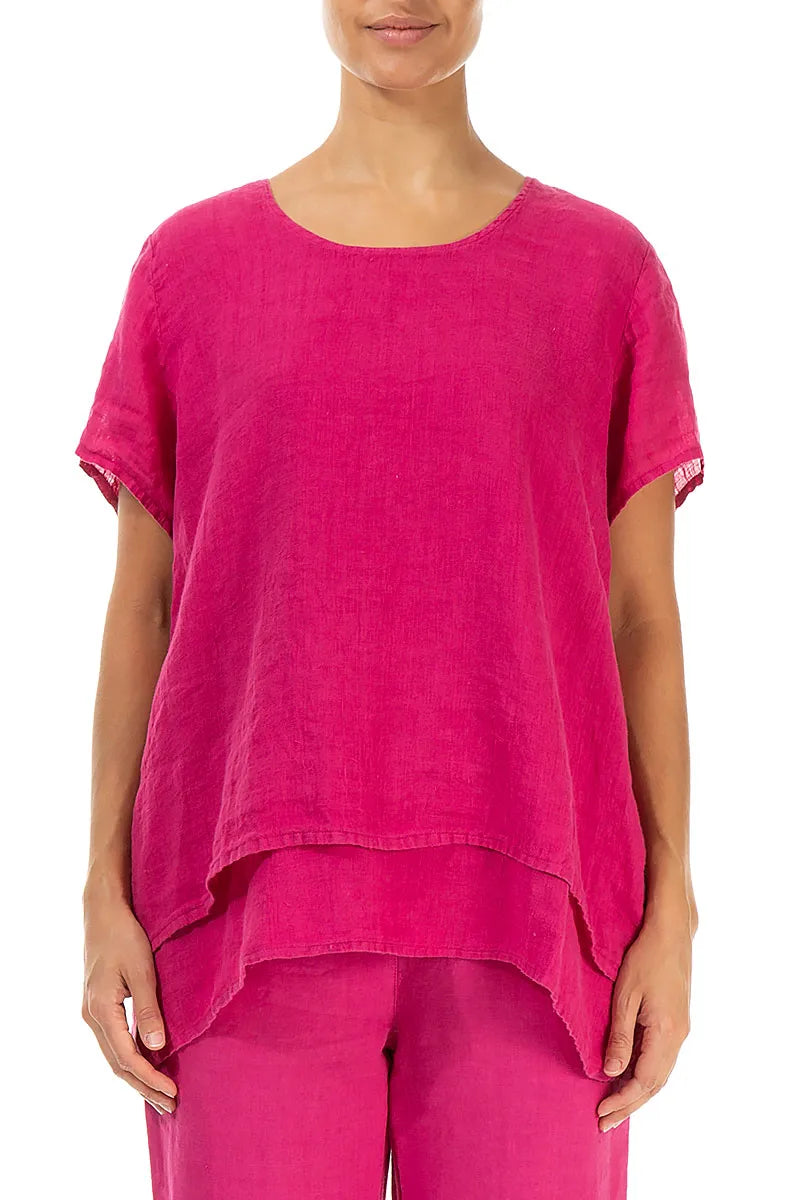 Layered Short Sleeves Fuchsia Gauze Linen Blouse