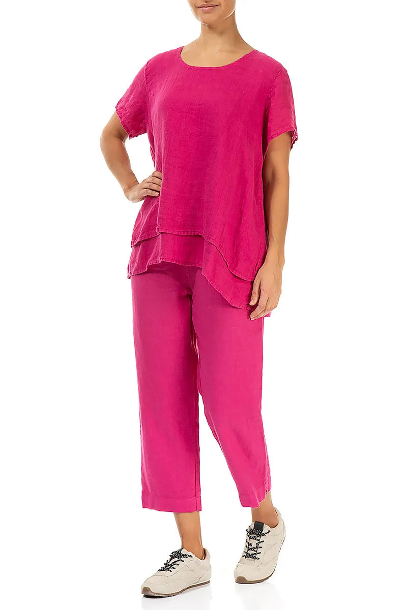 Layered Short Sleeves Fuchsia Gauze Linen Blouse 4