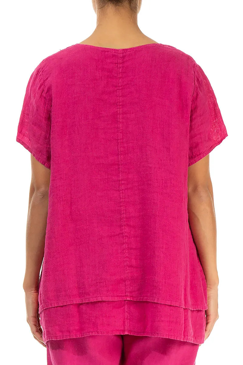 Layered Short Sleeves Fuchsia Gauze Linen Blouse