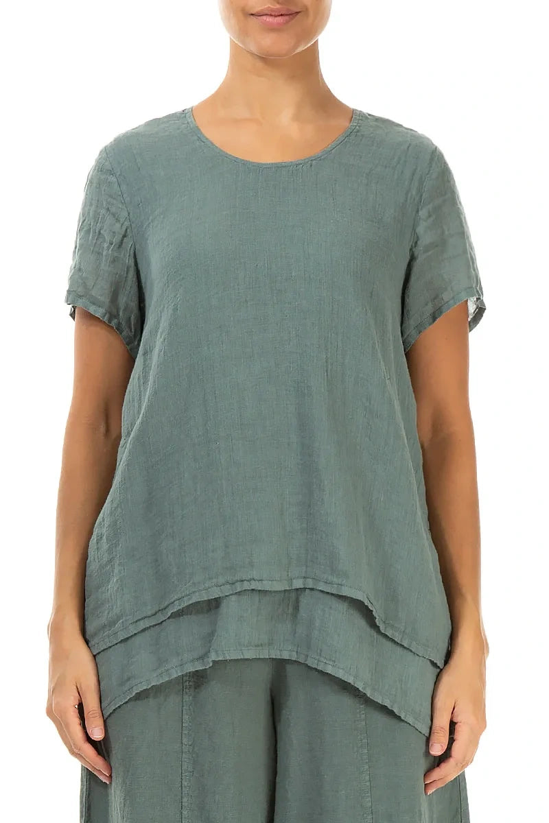 Layered Short Sleeves Sage Gauze Linen Blouse 1