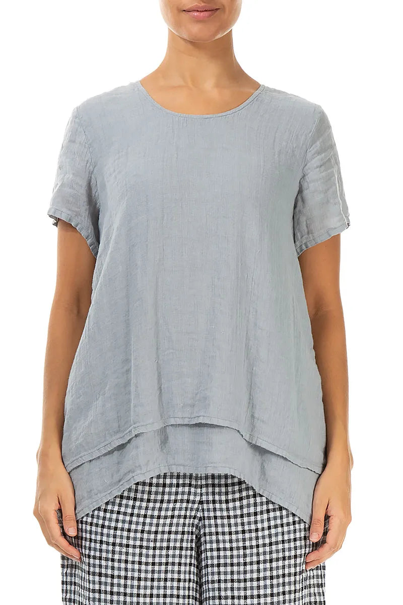 Layered Short Sleeves Silver Grey Gauze Linen Blouse 1