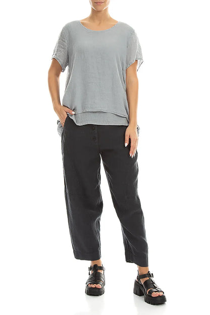 Layered Short Sleeves Silver Grey Gauze Linen Blouse 4
