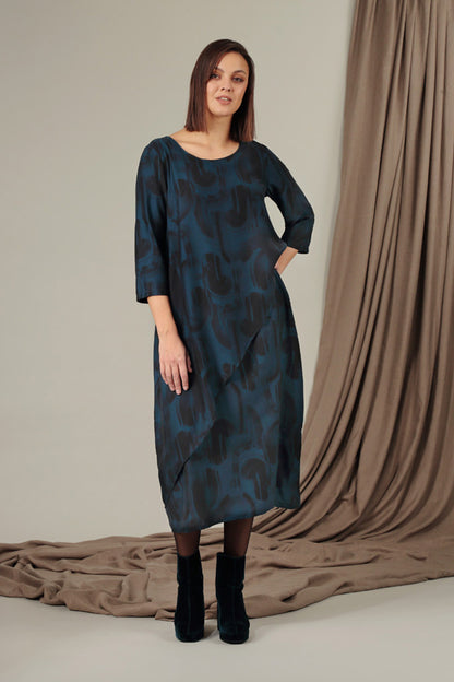 Layered Side Navy Paintwave Silk Bamboo Dress