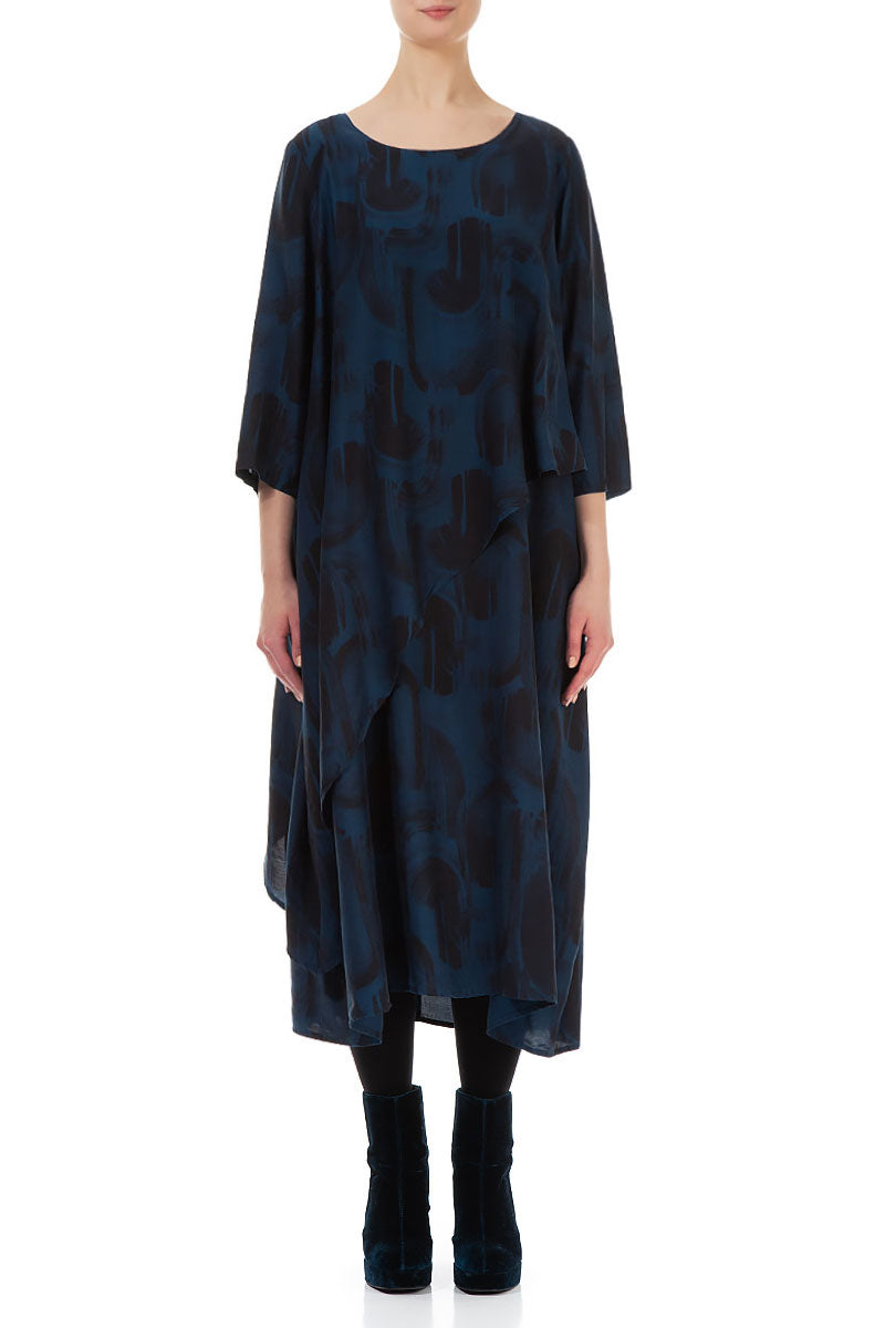 Layered Side Navy Paintwave Silk Bamboo Dress