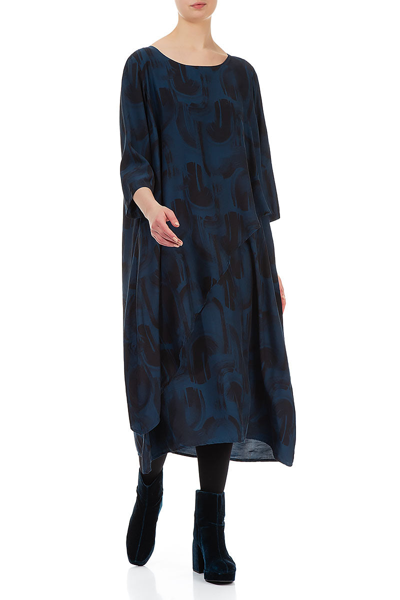 Layered Side Navy Paintwave Silk Bamboo Dress