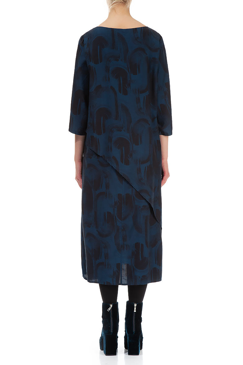 Layered Side Navy Paintwave Silk Bamboo Dress