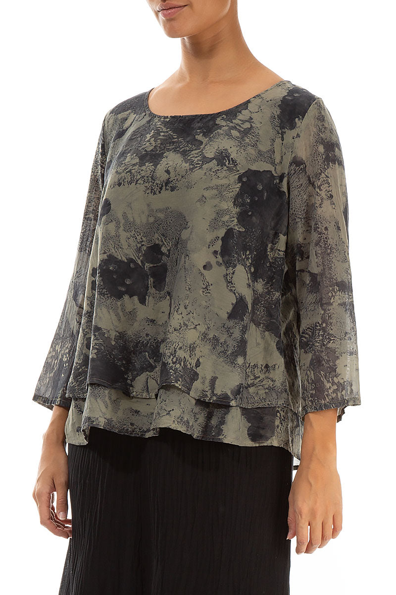 Layered Silver Sage Marble Silk Cotton Blouse