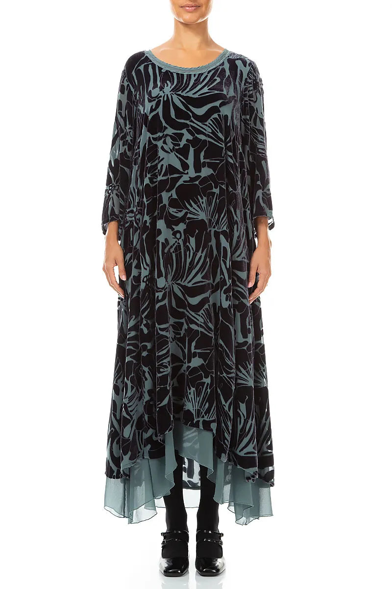 Layered Slate Floral Devoré Silk Velvet Dress