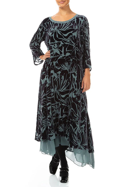 Layered Slate Floral Devoré Silk Velvet Dress