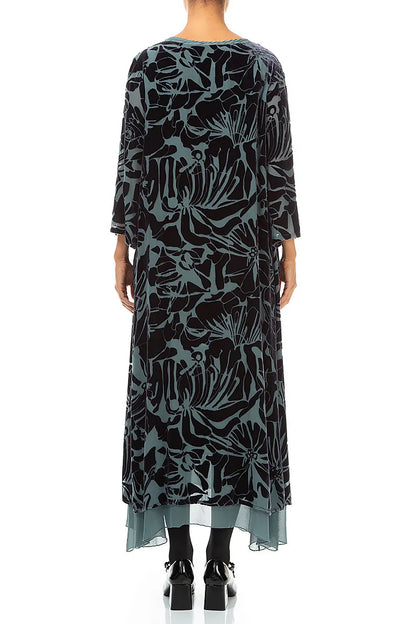 Layered Slate Floral Devoré Silk Velvet Dress