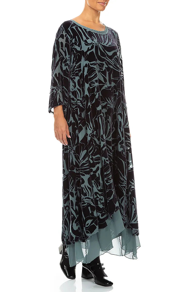 Layered Slate Floral Devoré Silk Velvet Dress