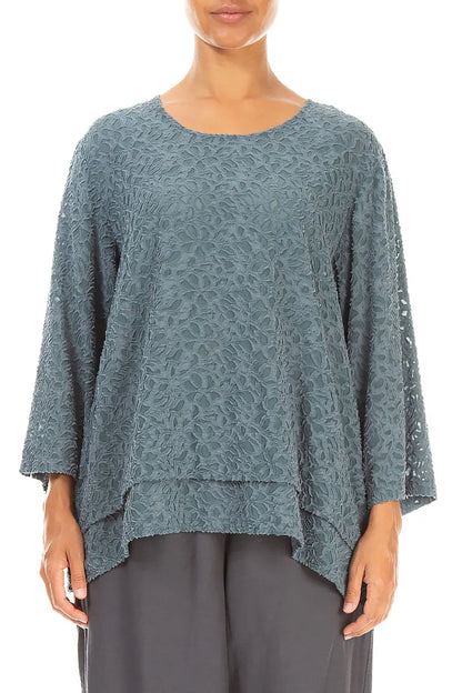 Layered Slate Floral Texture Silk Blouse 1