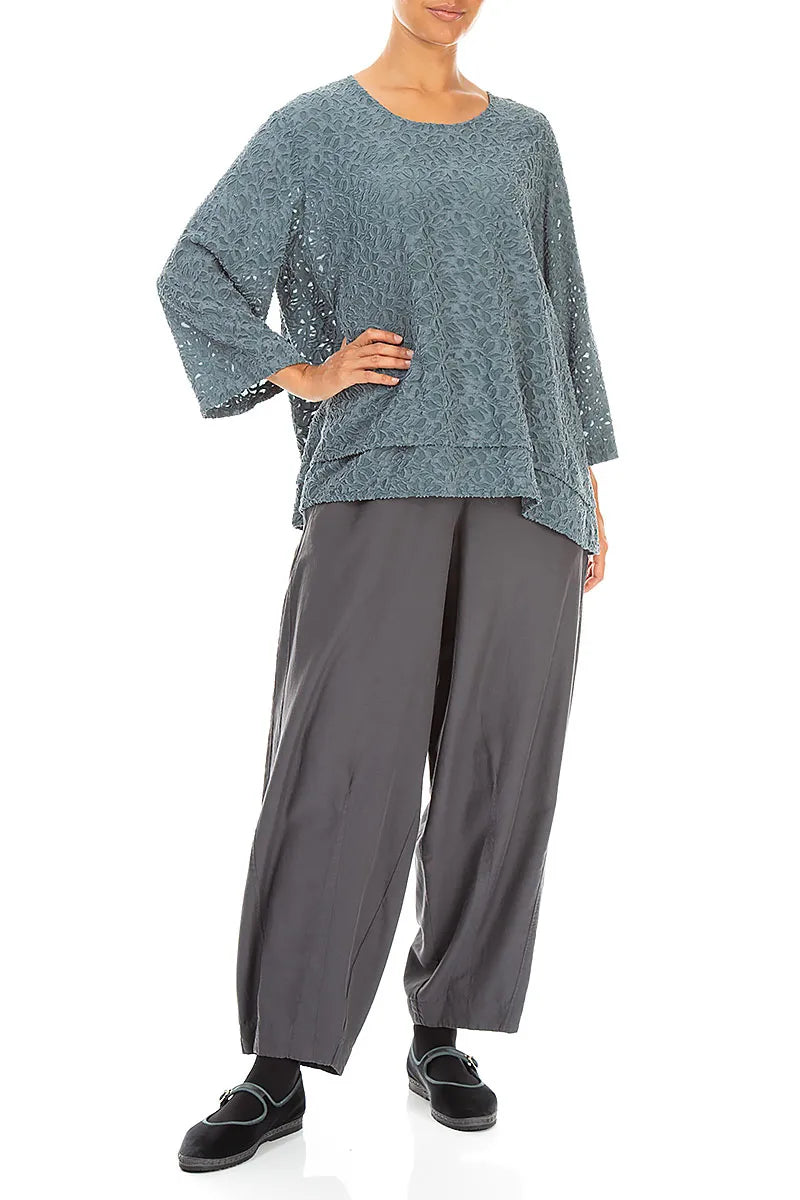 Layered Slate Floral Texture Silk Blouse 4