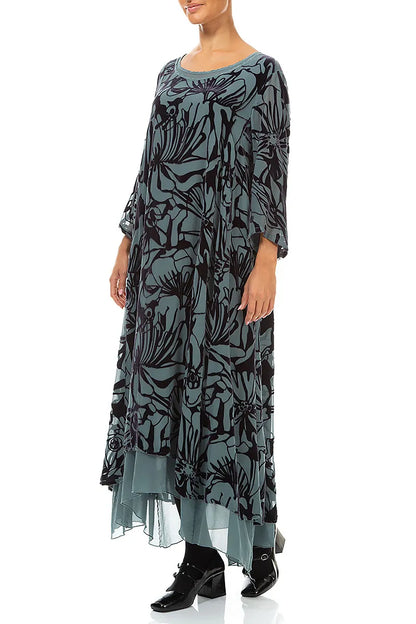 Layered Slate Grey Floral Devoré Silk Velvet Dress 3