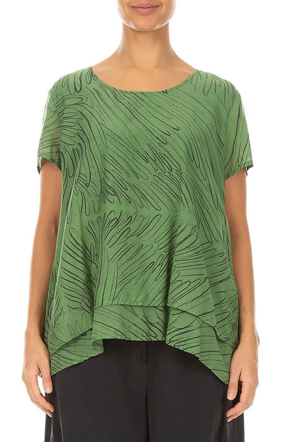 Layered Spring Green Feathers Silk Cotton Blouse 1