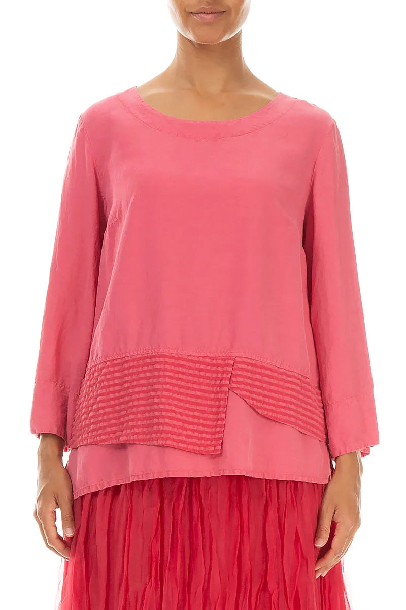 Layered Textured Hem Raspberry Silk Linen Blouse