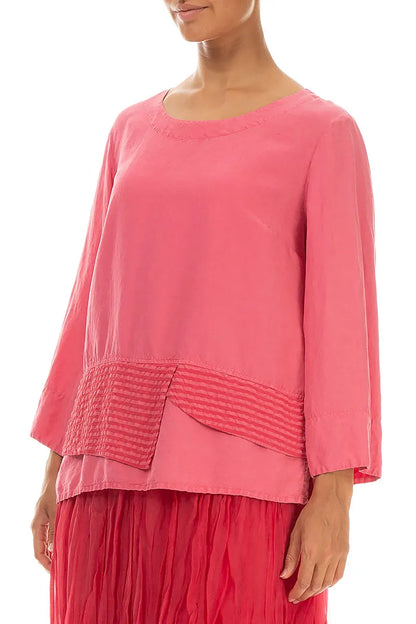Layered Textured Hem Raspberry Silk Linen Blouse