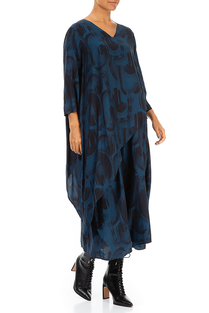 Layered V-Neck Navy Paintwave Silk Bamboo Dress