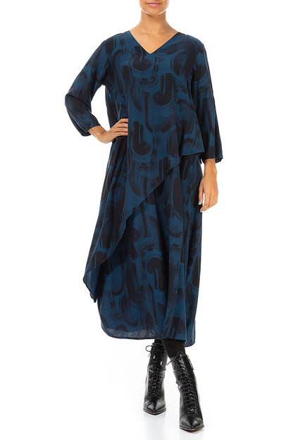 Layered V-Neck Navy Paintwave Silk Bamboo Dress