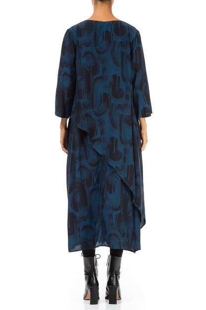 Layered V-Neck Navy Paintwave Silk Bamboo Dress