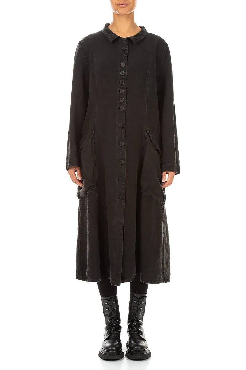 Long Buttonline Black Heavy Linen Jacket 2