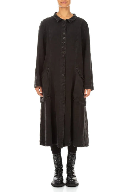 Long Buttonline Black Heavy Linen Jacket