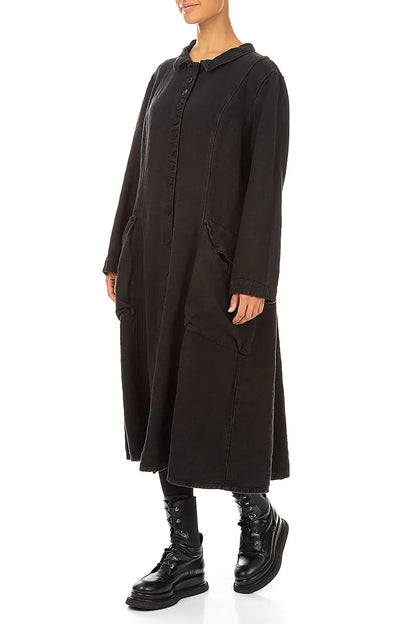Long Buttonline Black Heavy Linen Jacket
