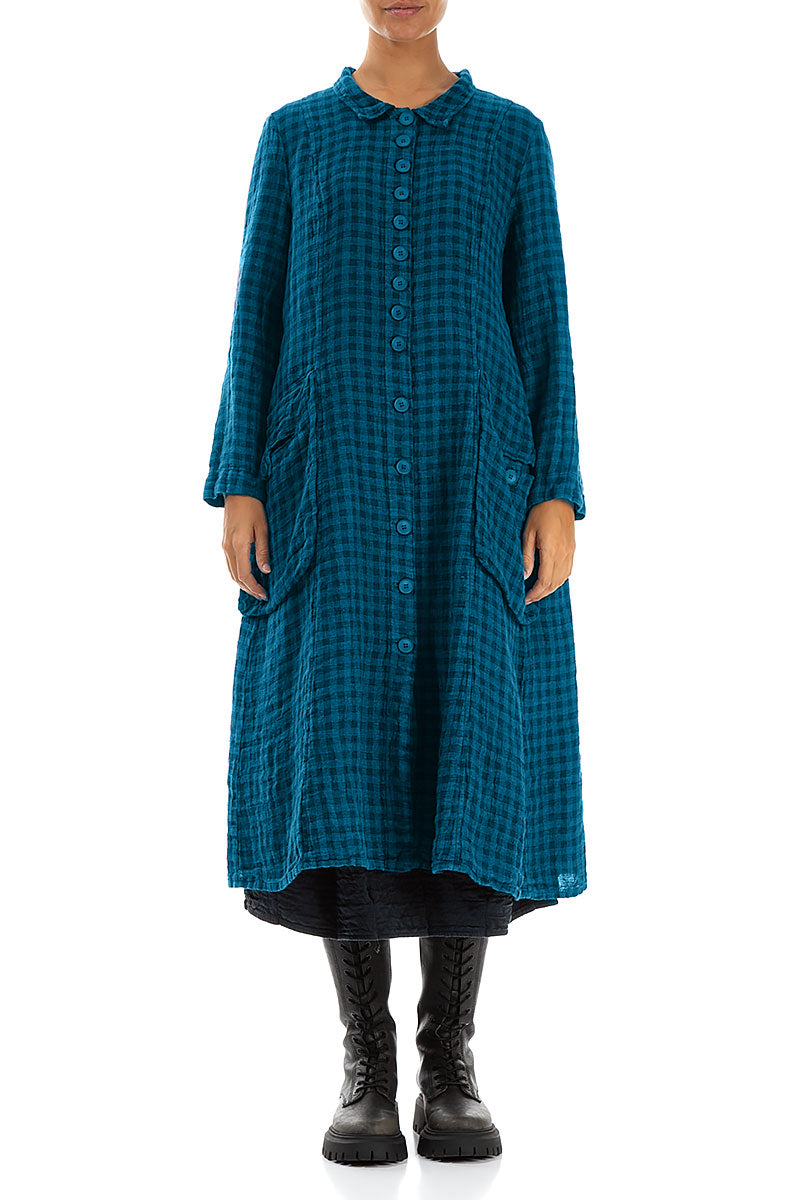 Long Buttonline Blue Check Linen Jacket