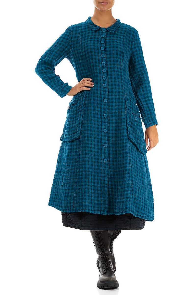 Long Buttonline Blue Check Linen Jacket 4
