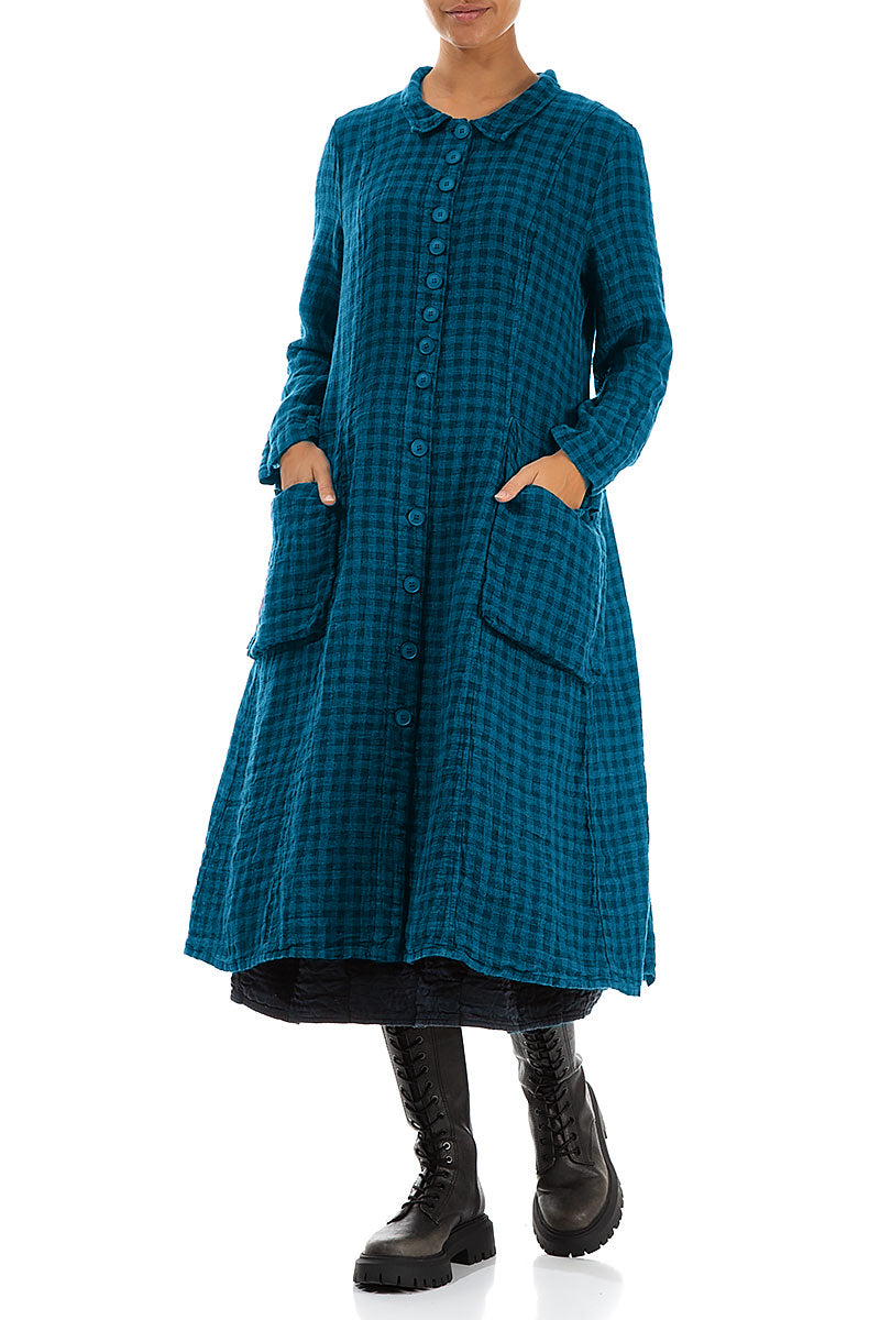 Long Buttonline Blue Check Linen Jacket