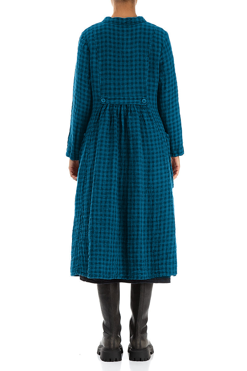 Long Buttonline Blue Check Linen Jacket