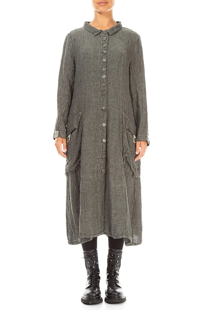 Long Buttonline Olive Grey Mélange Linen Jacket 1