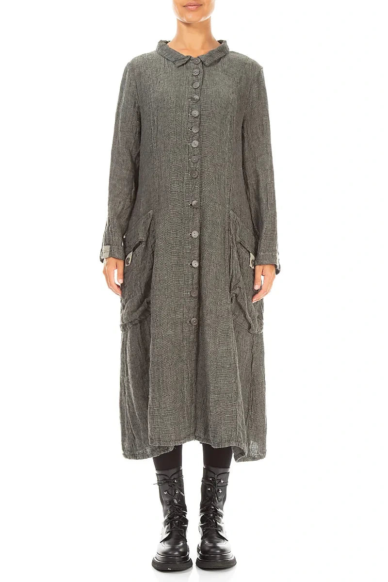 Long Buttonline Olive Grey Mélange Linen Jacket 1