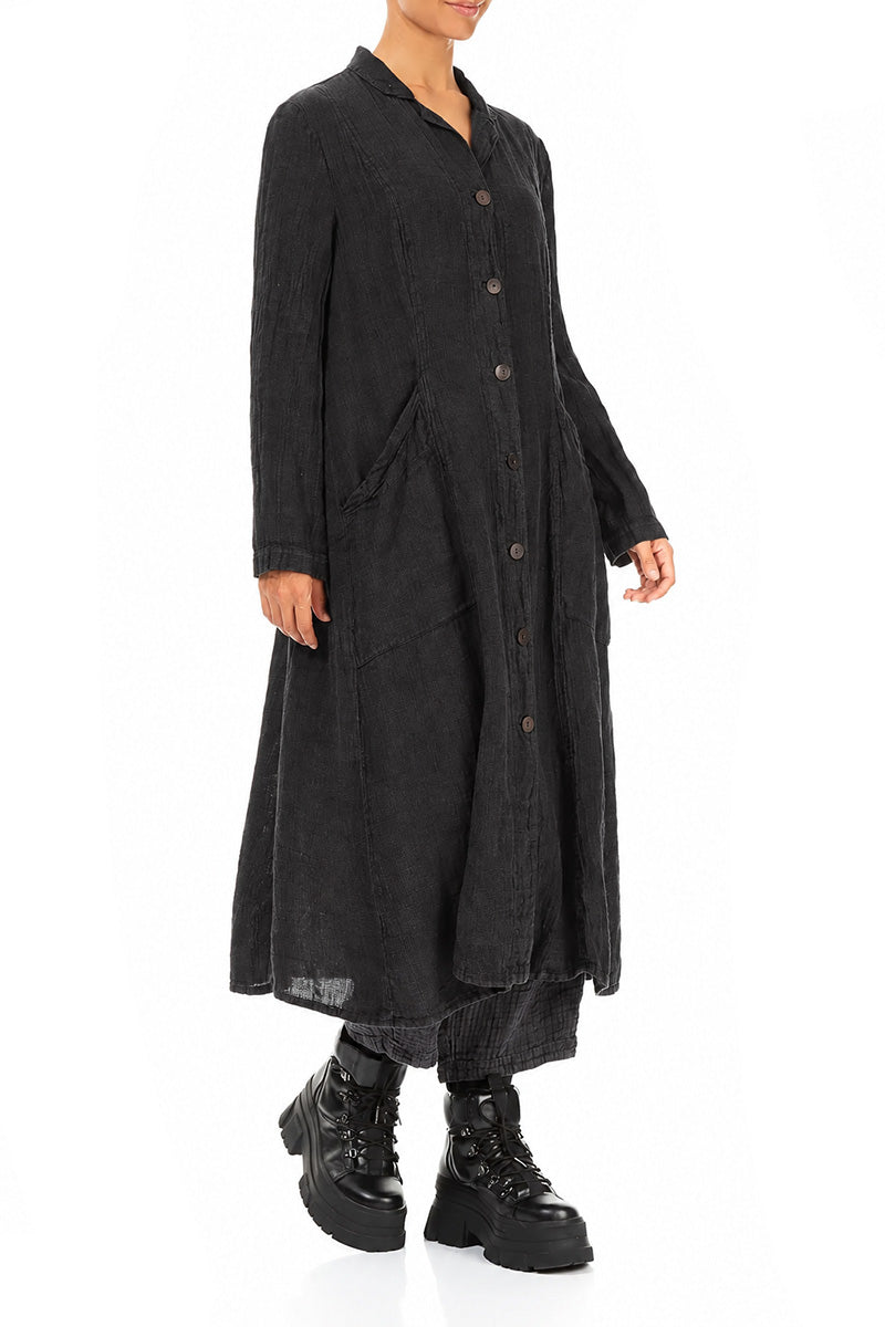 Lange Jacke aus meliertem Anthrazit-Leinen