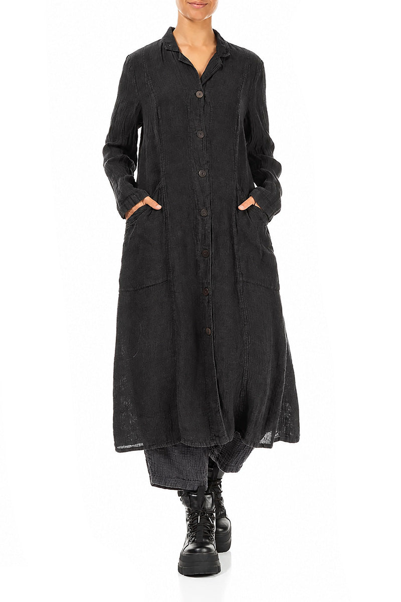 Lange Jacke aus meliertem Anthrazit-Leinen
