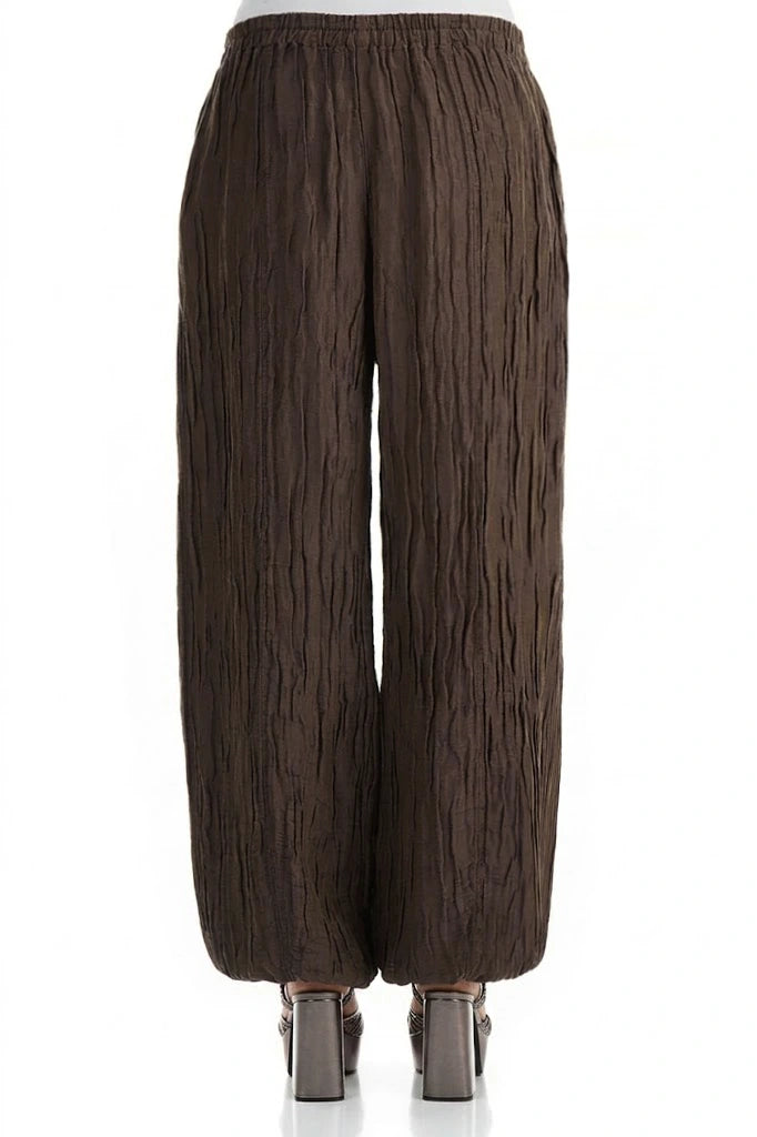 Long Crinkled Brown Silk Linen Trousers 2