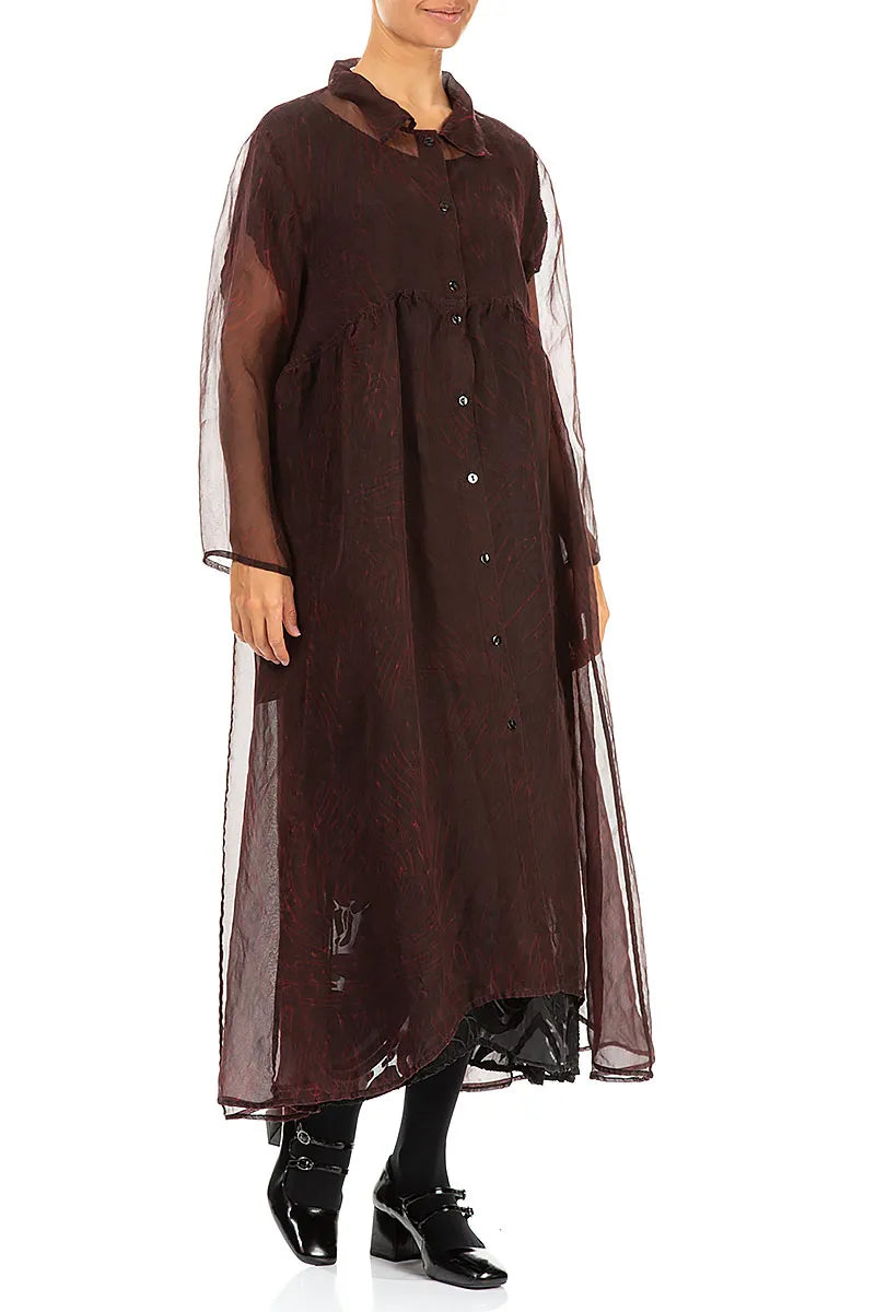 Longue veste en mousseline de soie imprimée rouge cerise foncé