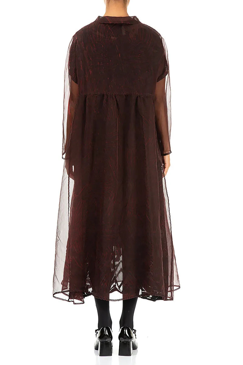 Longue veste en mousseline de soie imprimée rouge cerise foncé