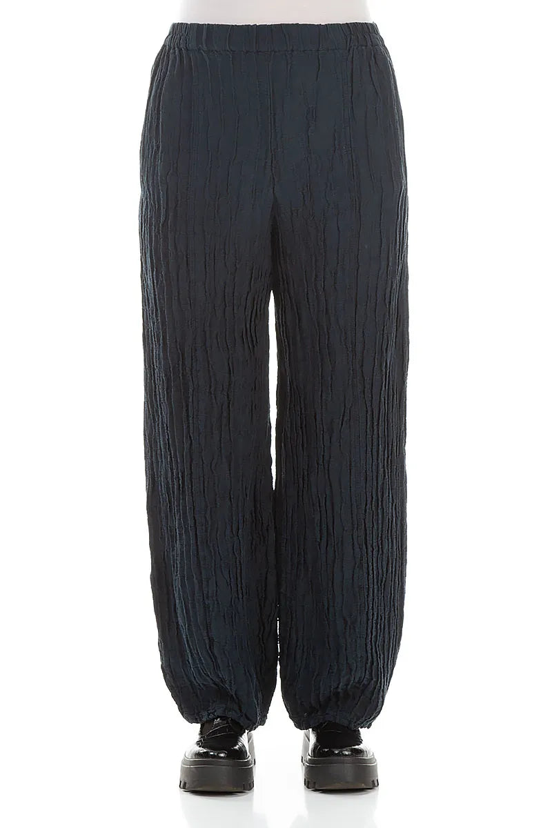 Long Dark Navy Crinkled Trousers